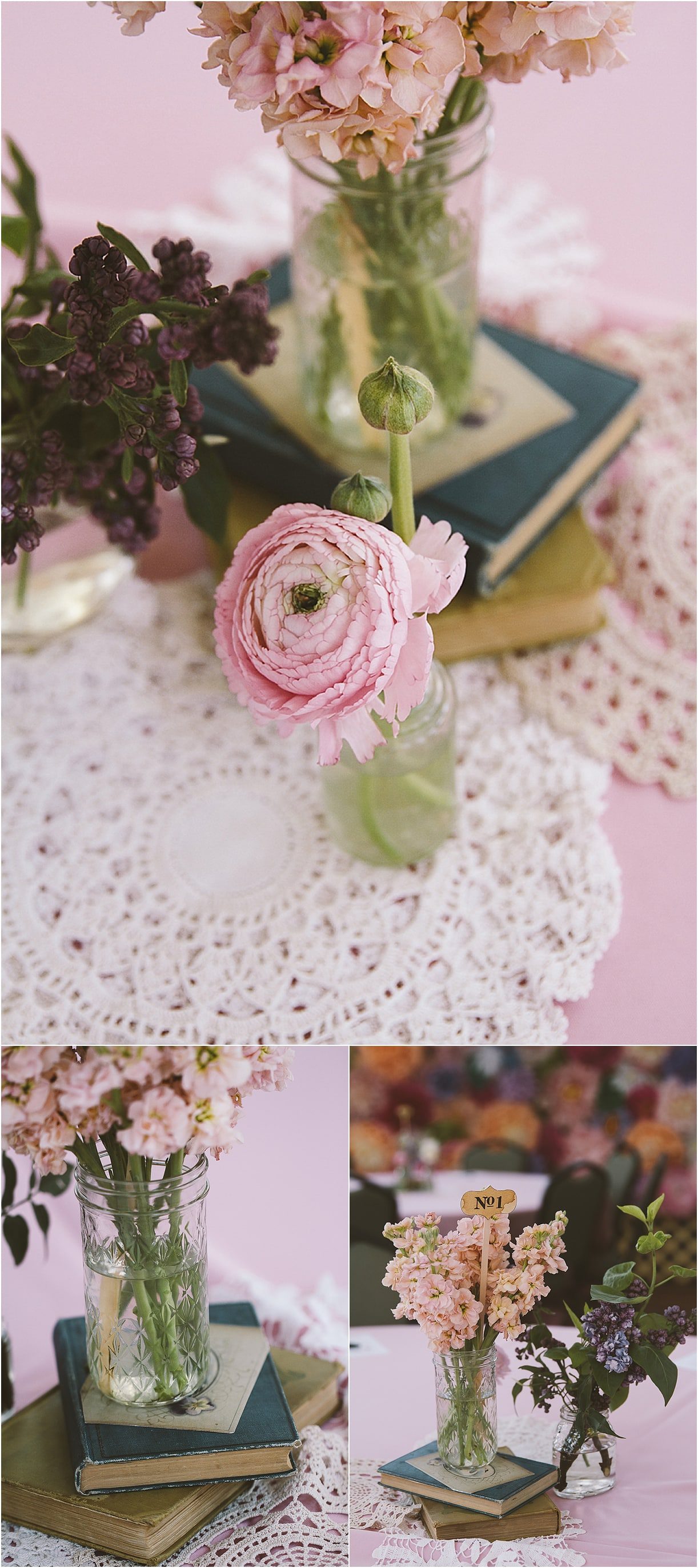 Lynchburg Virginia Sweet DIY Wedding as seen on Hill City Bride Decor Centerpiece Ranunculus Flowers Mason Jars