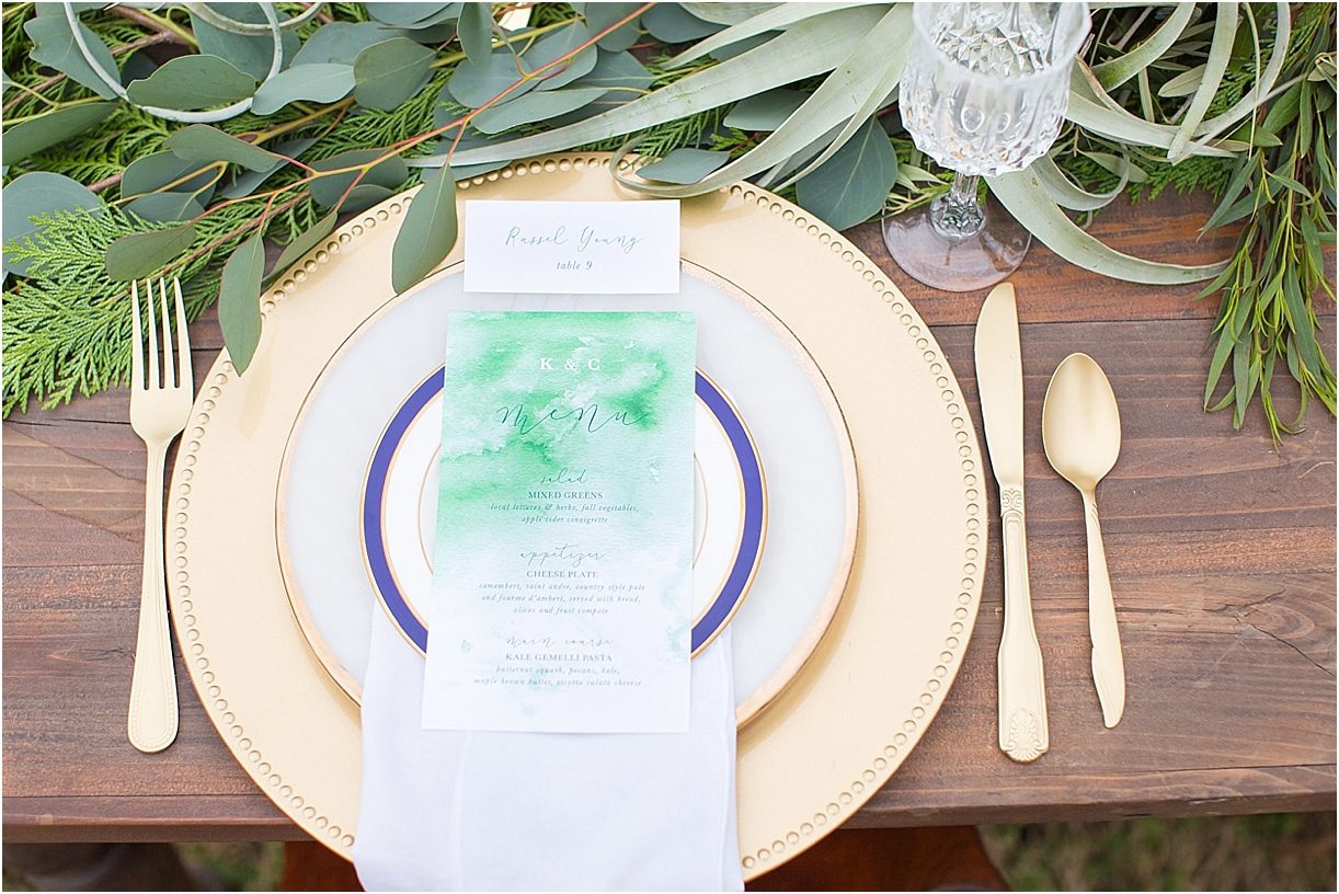 Lovely Plantation Wedding Styled Shoot as seen on Hill City Bride Tablescape Place Setting Gold Charger Menu