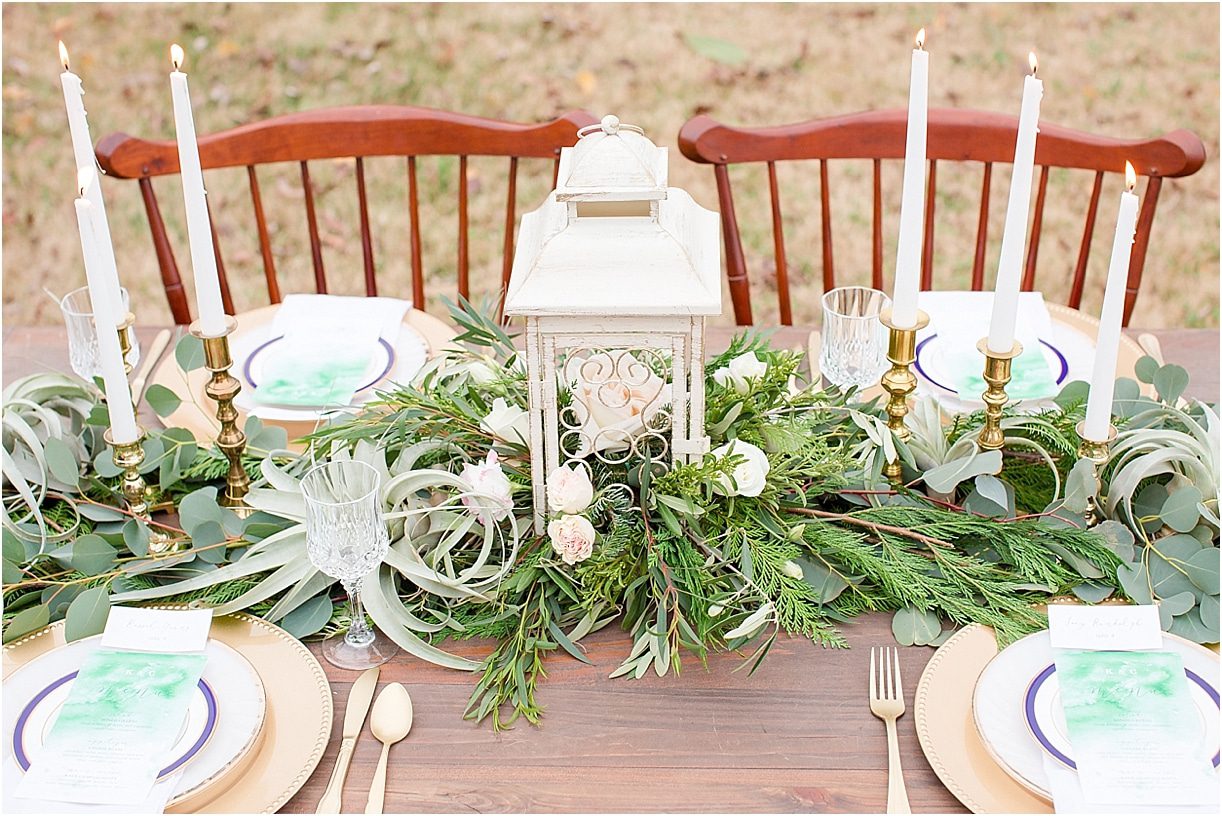 Lovely Plantation Wedding Styled Shoot as seen on Hill City Bride Table Tablescape Greenery Gold Lantern