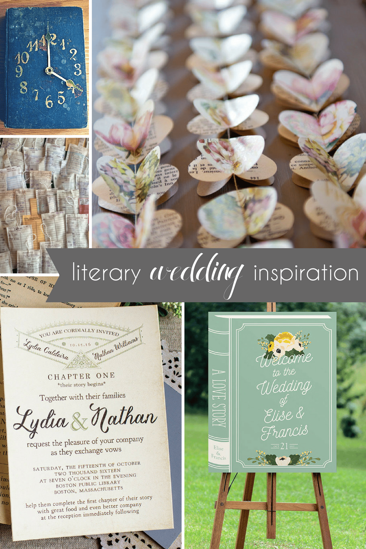 Literary Wedding Inspiration Book Wedding Ideas as seen on Hill City Bride - signage, invitation, favor, diy, banner