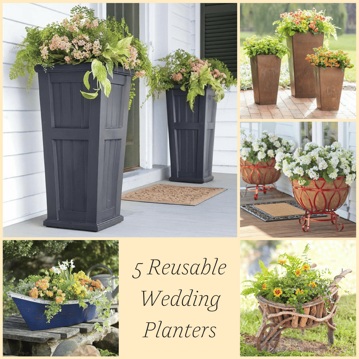 5 Reusable Wedding Planters as seen on Hill City Bride - plow and hearth, garden, flowers, urn, wheelbarrow, boat