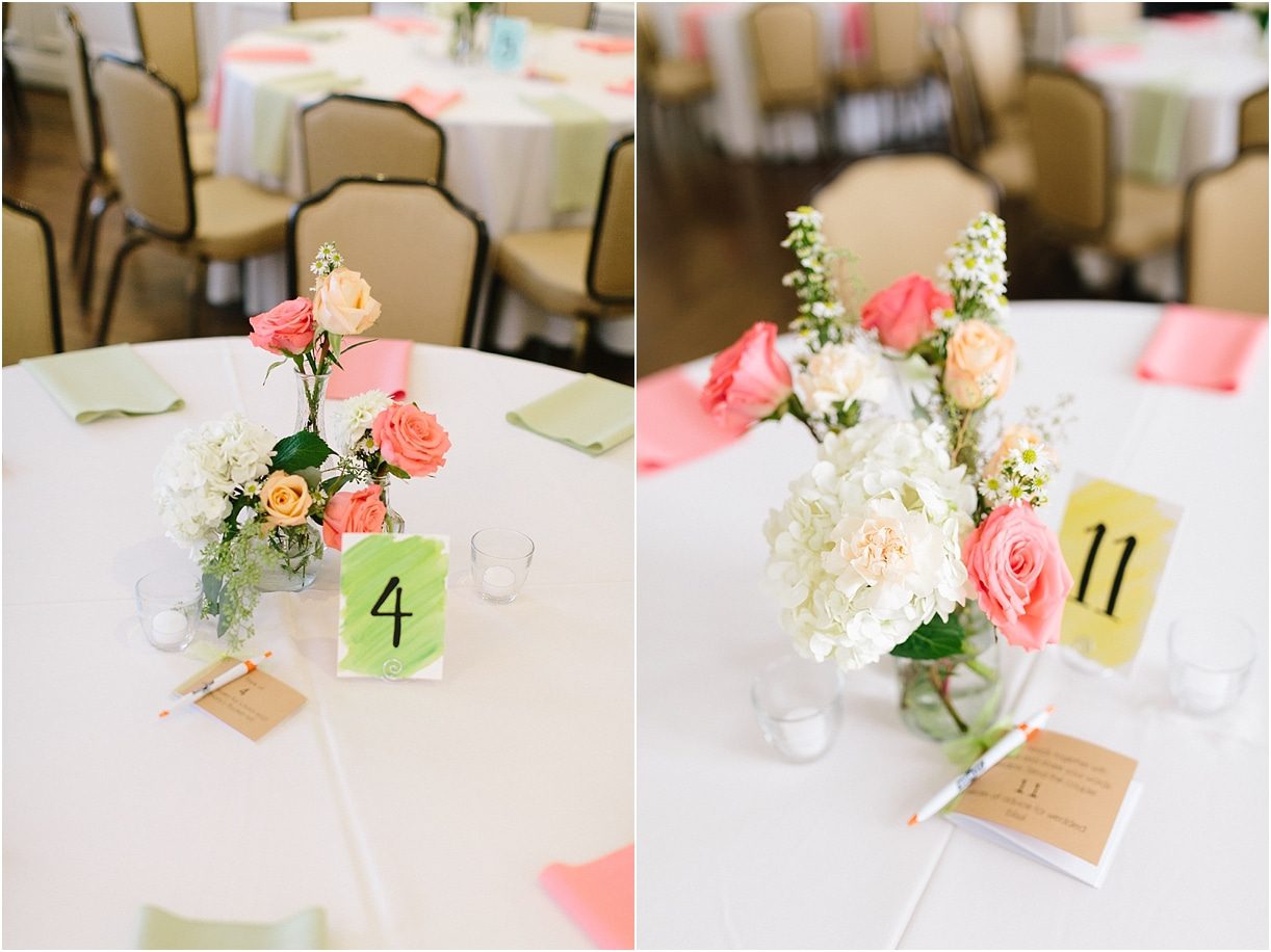A Pink and Aqua Roanoke Virginia Wedding as seen on Hill City Bride Blog and Magazine - centerpieces, table numbers