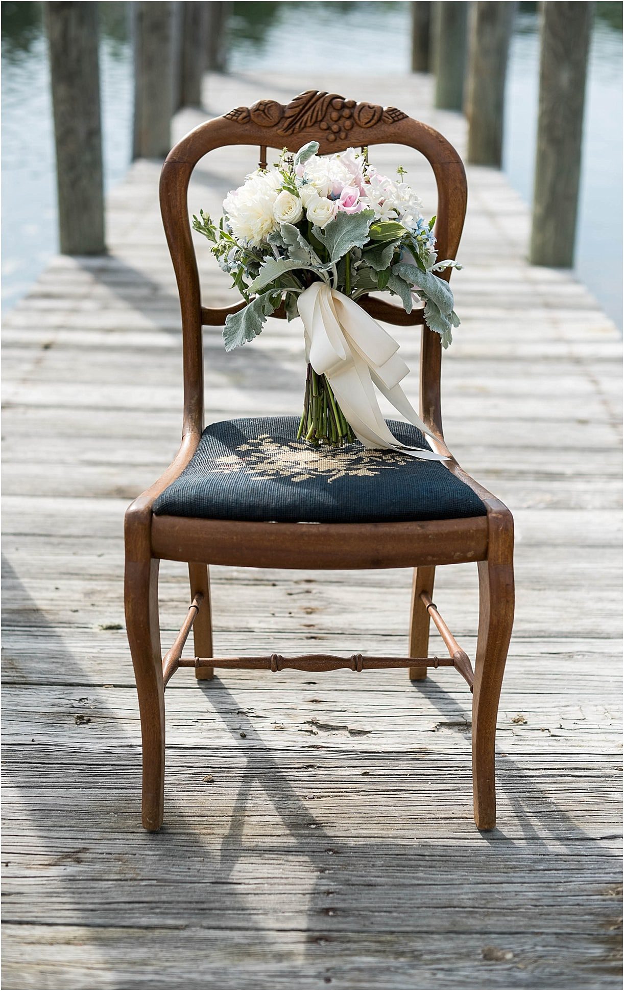 The Tides Inn Virginia Wedding Inspiration as seen on Hill City Bride Blog by Will Hawkins Photography - bouquet, chair