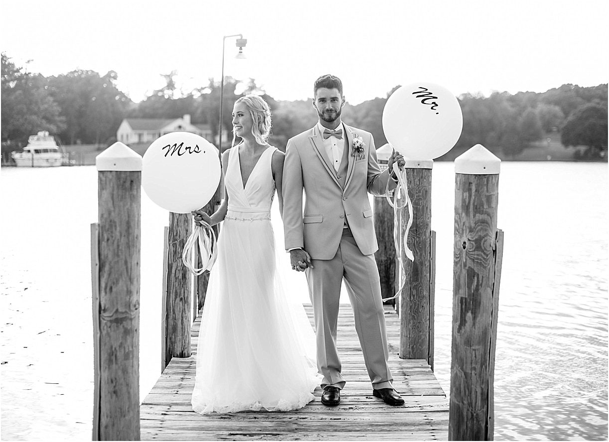 The Tides Inn Virginia Wedding Inspiration as seen on Hill City Bride Blog by Will Hawkins Photography - balloons, couple, dock, water, beach, married