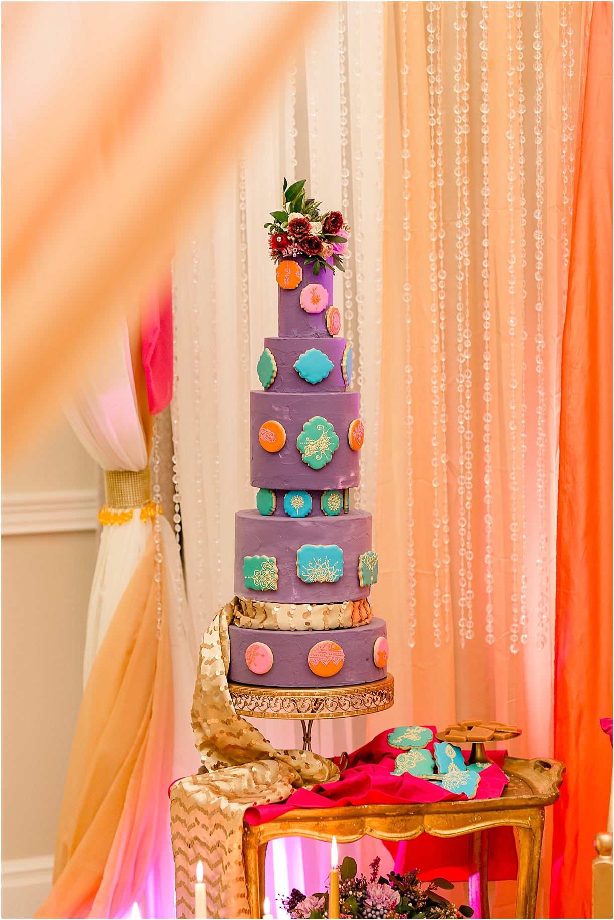 Middle Eastern Wedding | Hill City Bride Virginia Wedding Blog Travel Destination - tall cake, purple, cookies