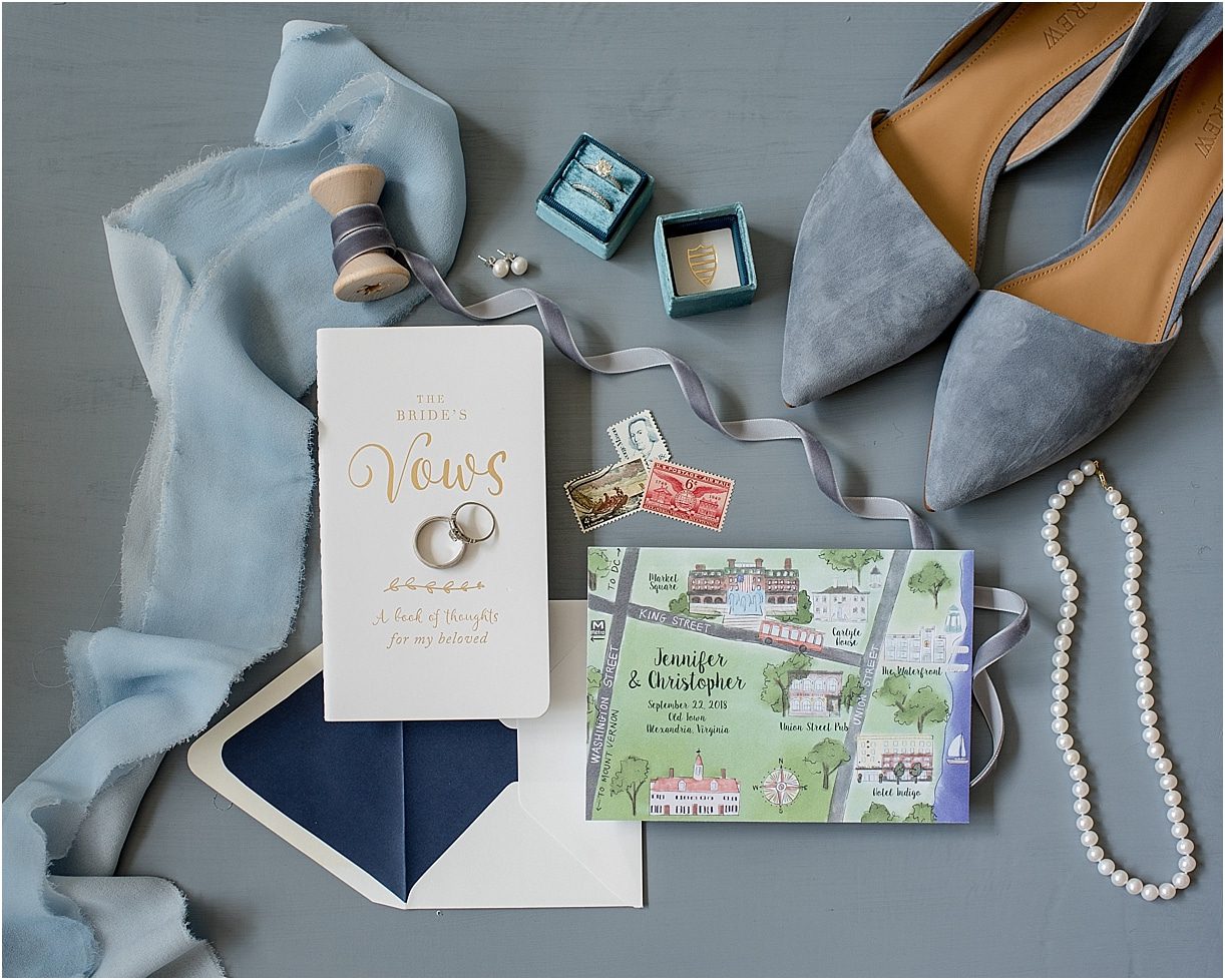 Blue Outdoor Wedding in Alexandria Virginia with Perfect Details | Hill City Bride Blog for Ideas and Inspiration Stamps Flat Lay Shoes Ring