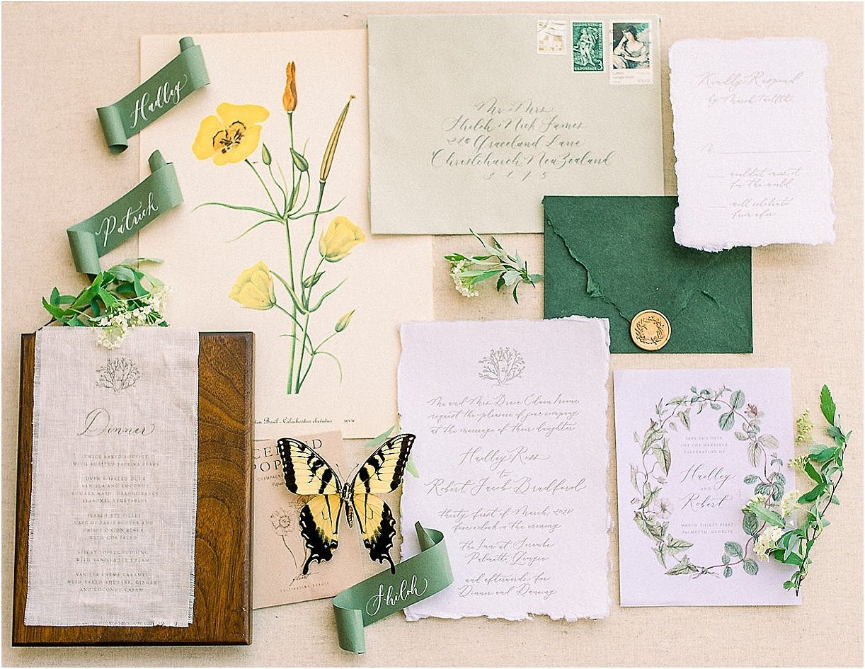 Autumnal Styled Shoot with Unique Spring Wedding Colors | Hill City Bride Virginia Wedding Blog Stationery Suite Green Yellow Butterfly