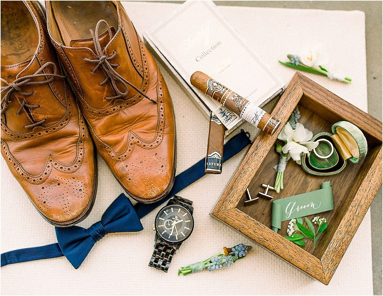 Autumnal Styled Shoot with Unique Spring Wedding Colors | Hill City Bride Virginia Wedding Blog Groom Shoes Watch Cigar Bow Tie Ring Band