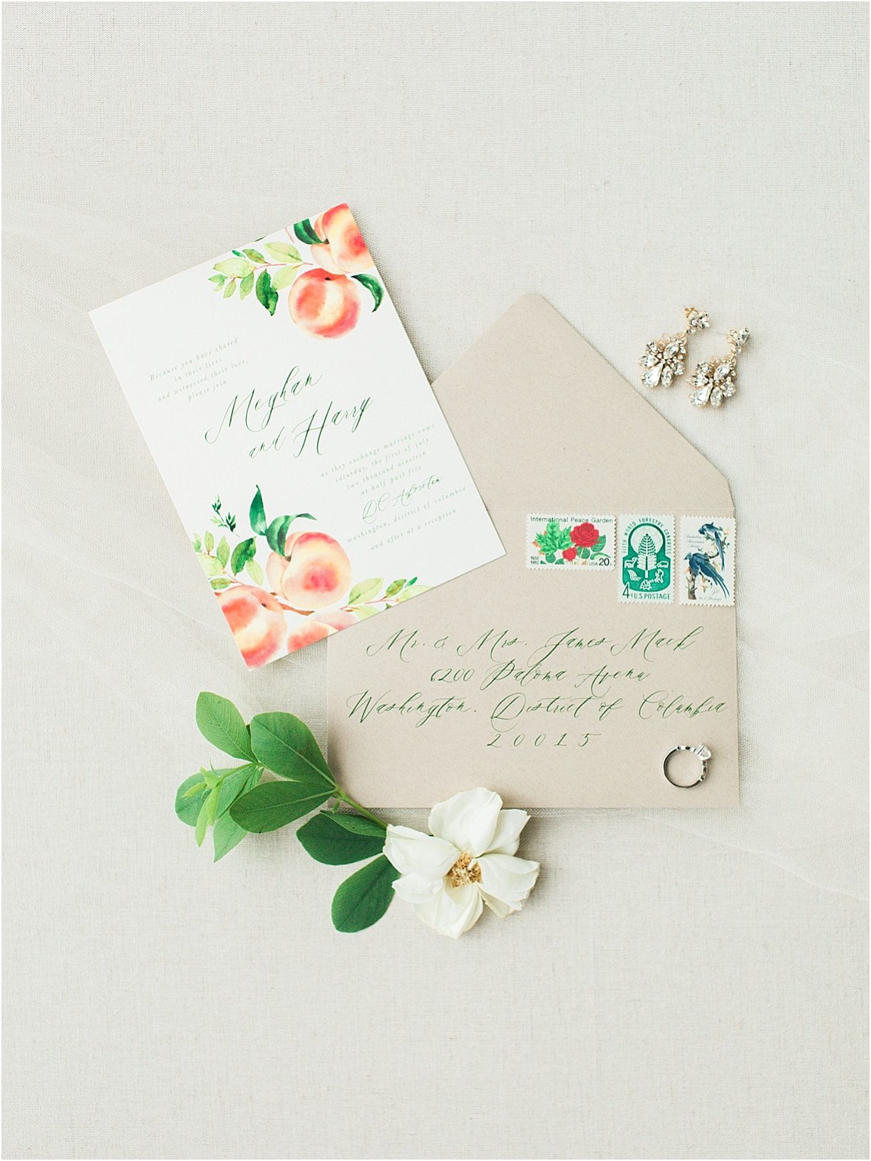 Peach Inspired Wedding Inspiration at the Arboretum Invitation Stationery Stamps