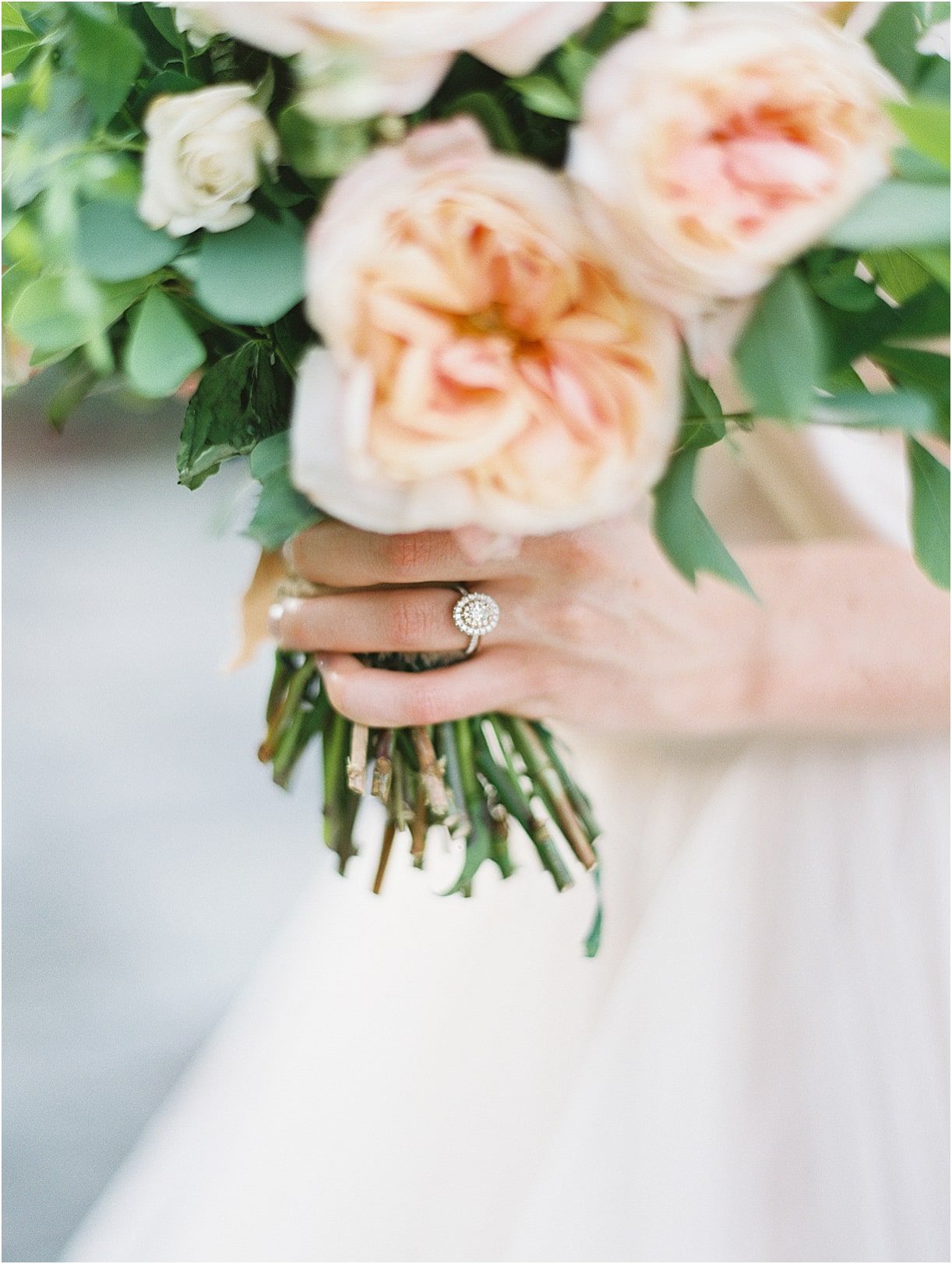 Peach Inspired Wedding Inspiration at the Arboretum Bouquet Ring Shot