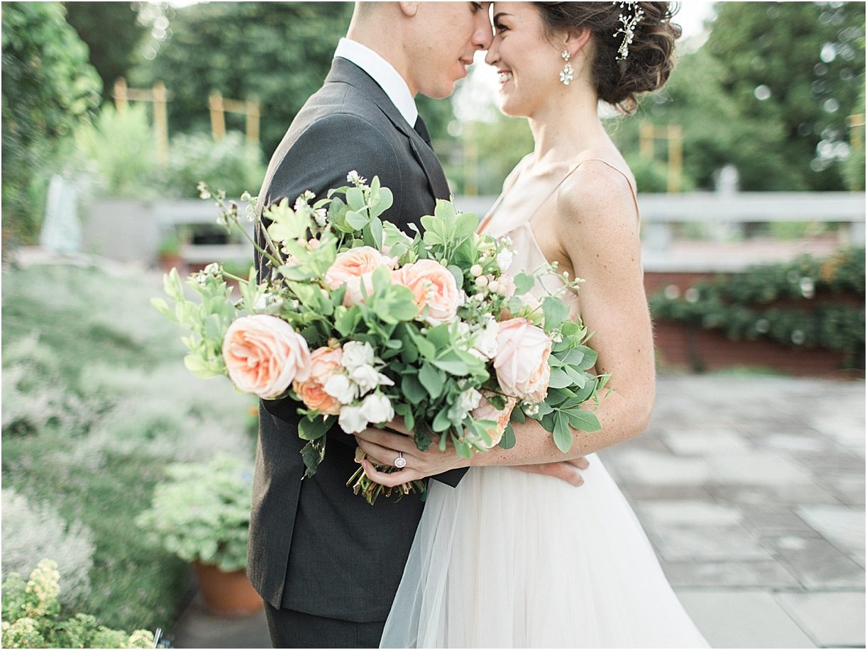Peach Inspired Wedding Inspiration at the Arboretum Bouquet English Roses Forehead Touch