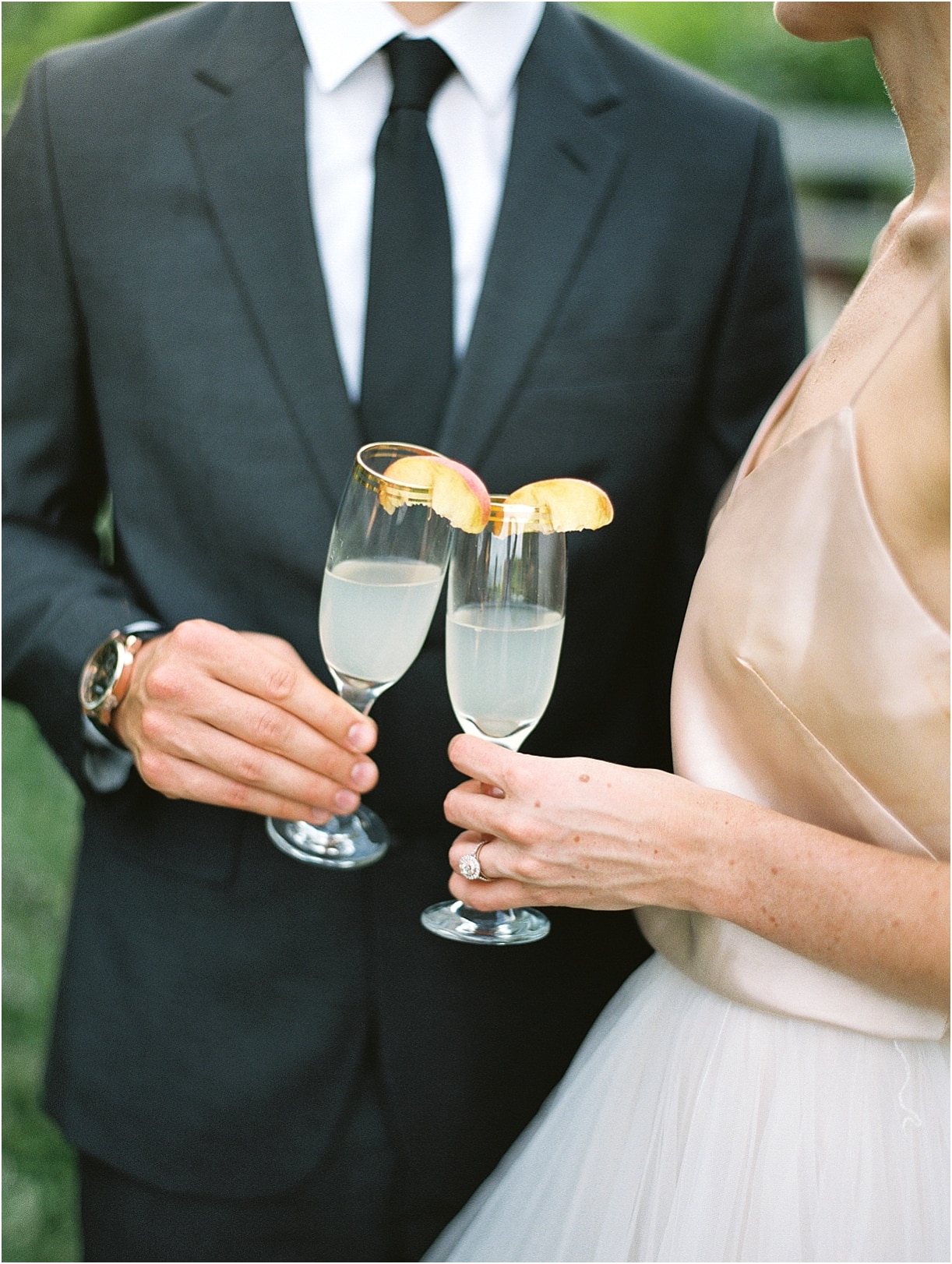 Peach Inspired Wedding Inspiration at the Arboretum Groom Toast Cocktail Peaches