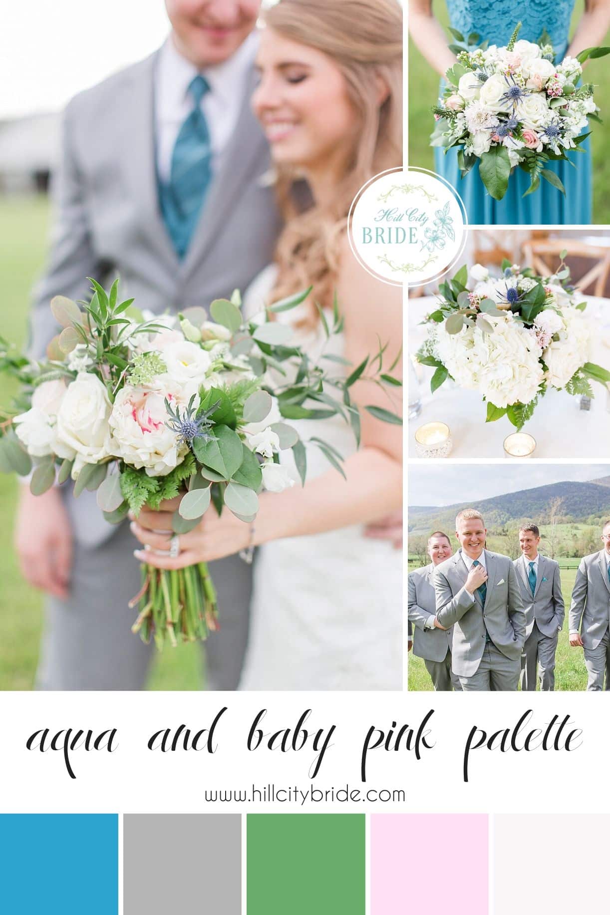 Aqua and Light Pink Wedding Color Palette Gray White Greenery | Hill City Bride