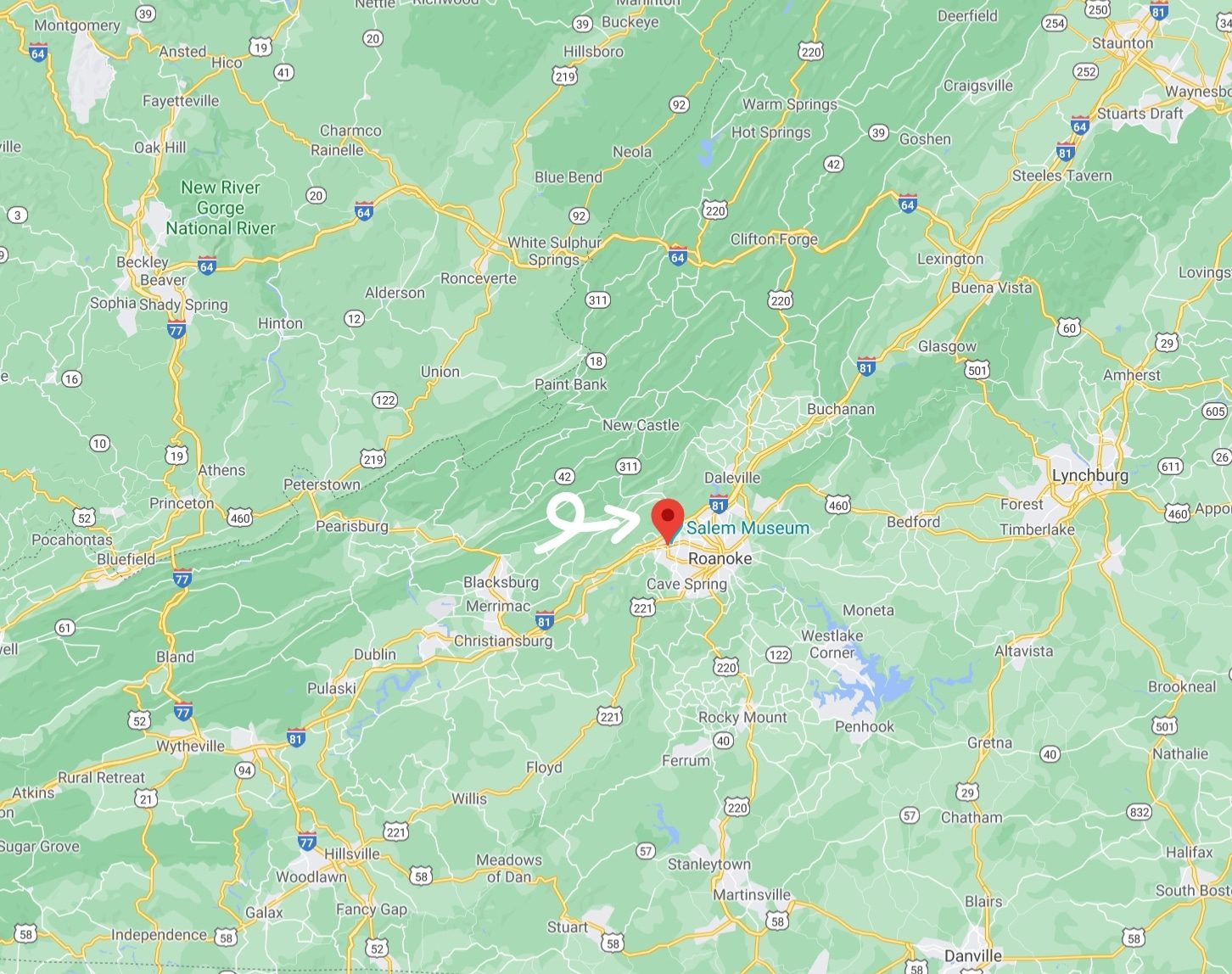 Map of Virginia with Salem Roanoke Southwest VA