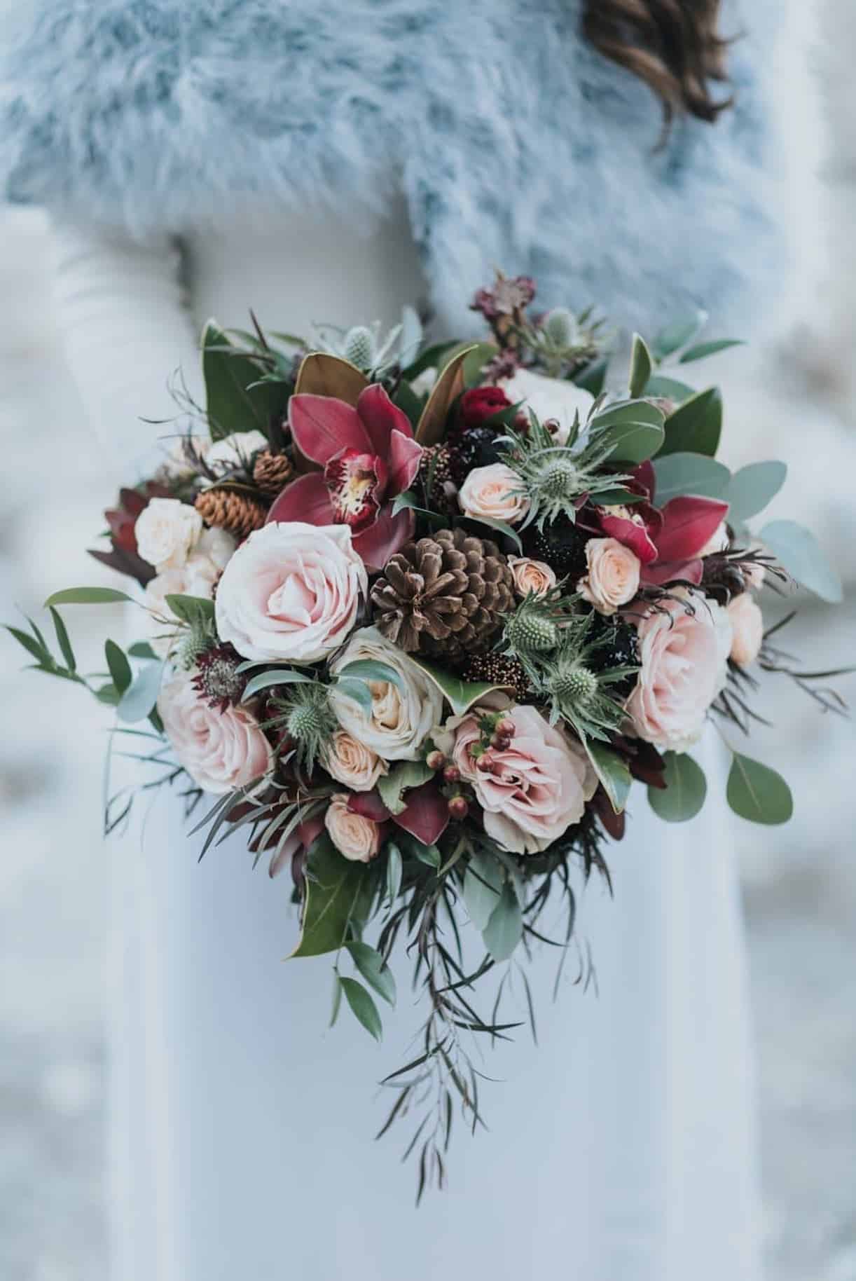 Christmas Wedding Bouquets with Orchid, Thistle, Roses, Pine Cones