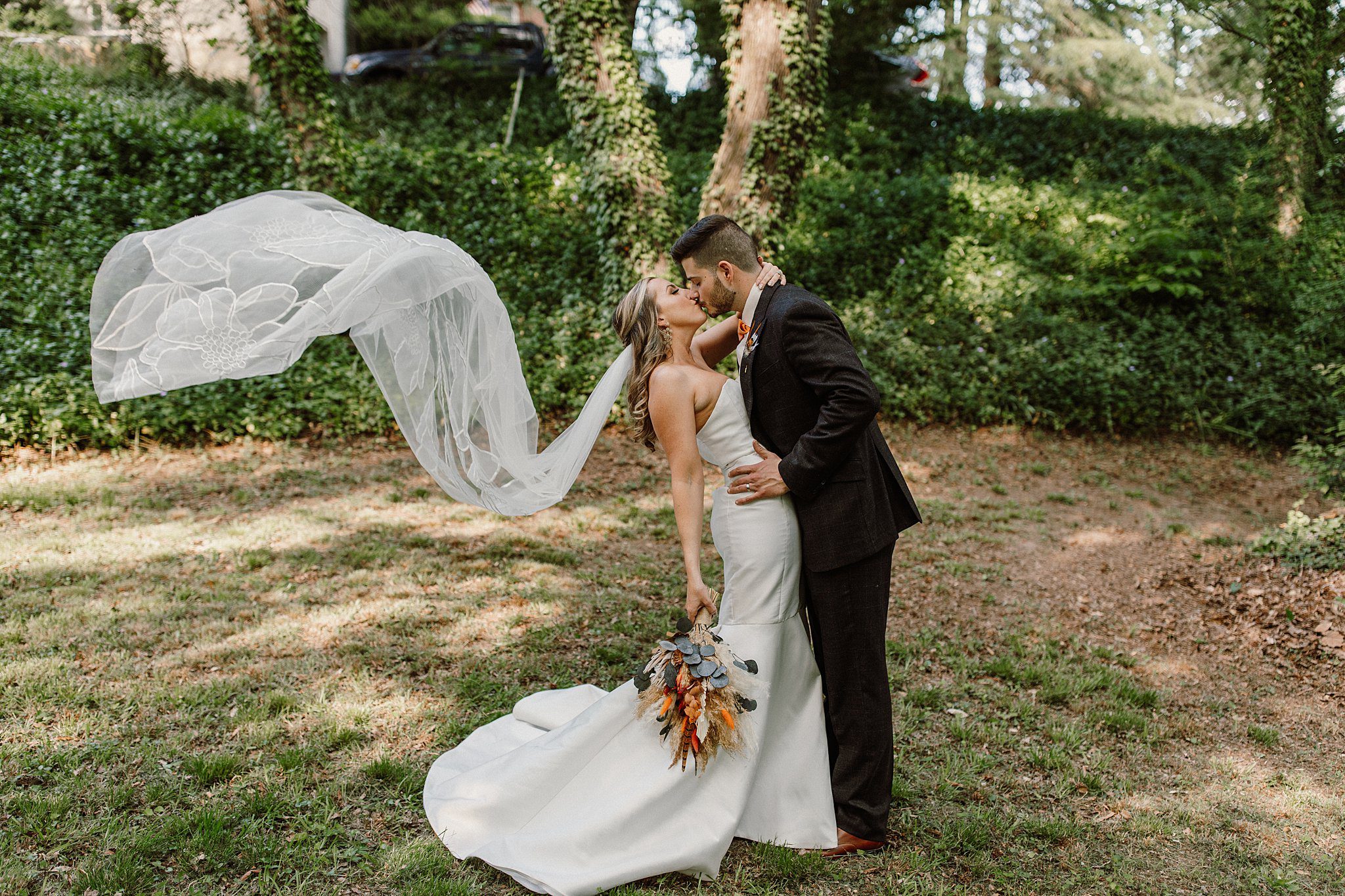 Virginia Backyard Wedding with a Fall Color Palette Veil Wind