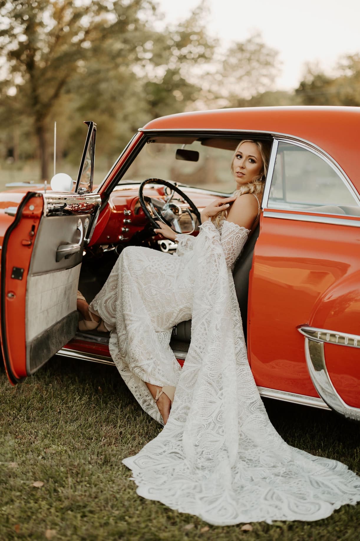 Bride in Red Car