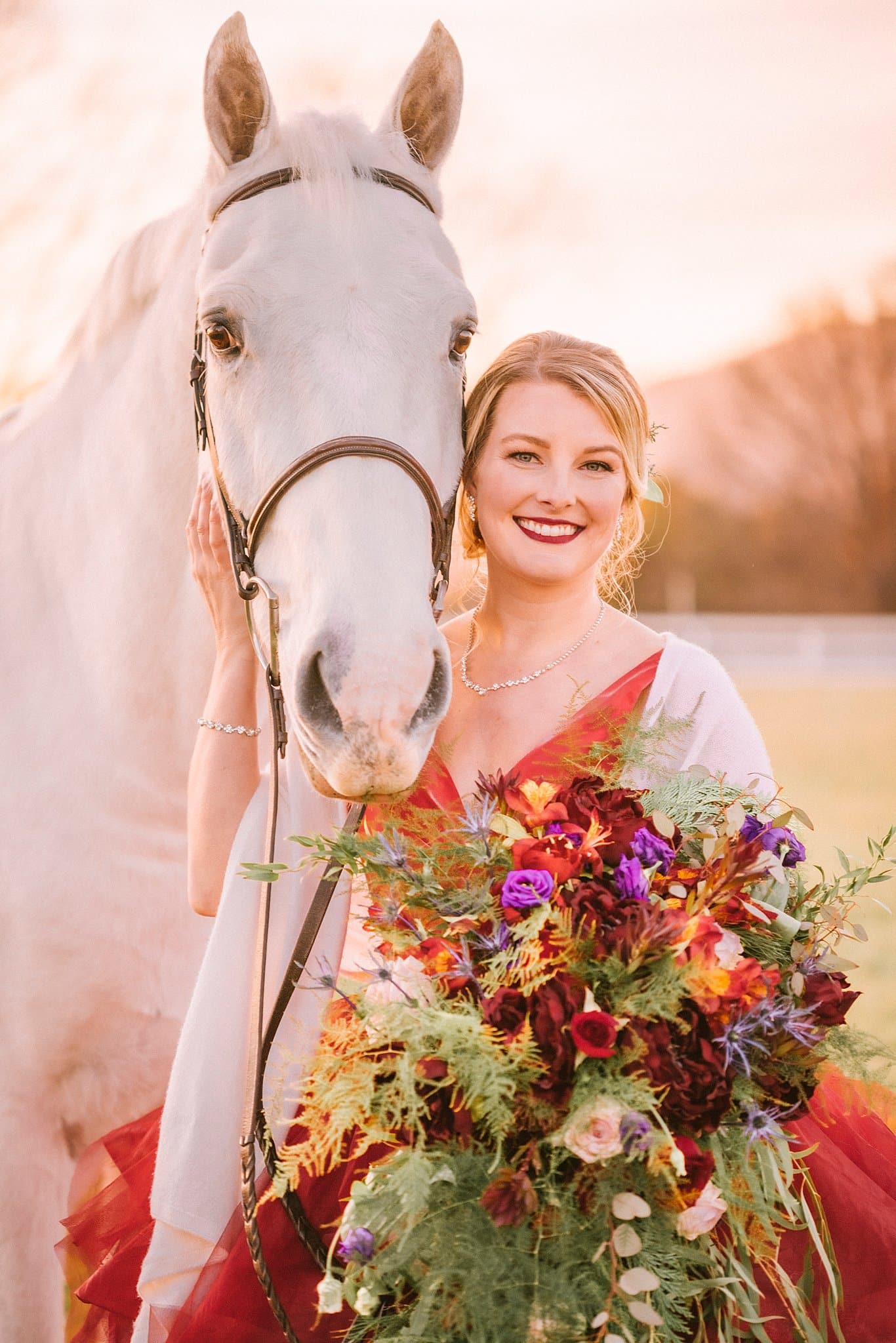 Bride in Red Wedding Dress with Horse