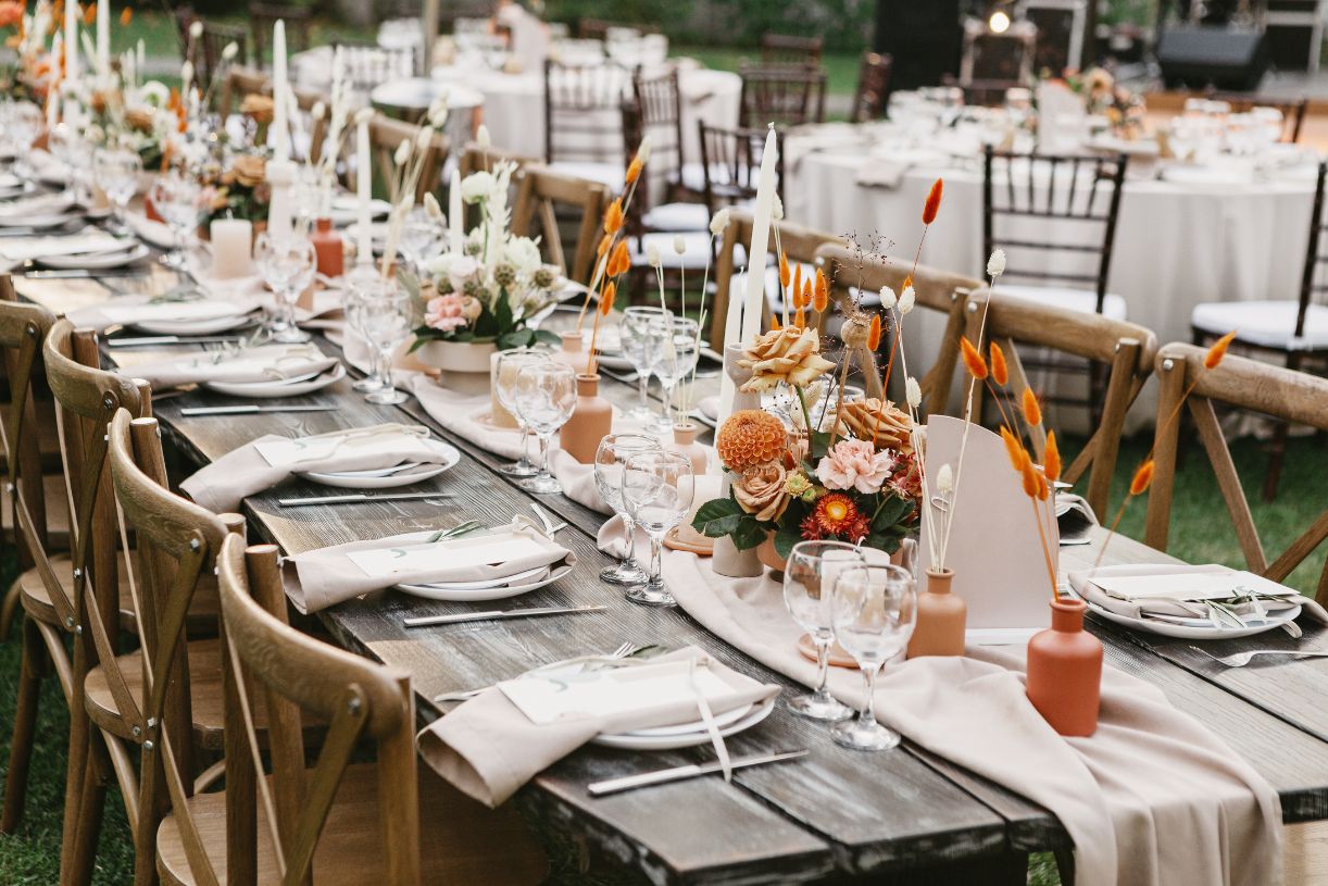 Farm Table with Wedding Decor at Reception